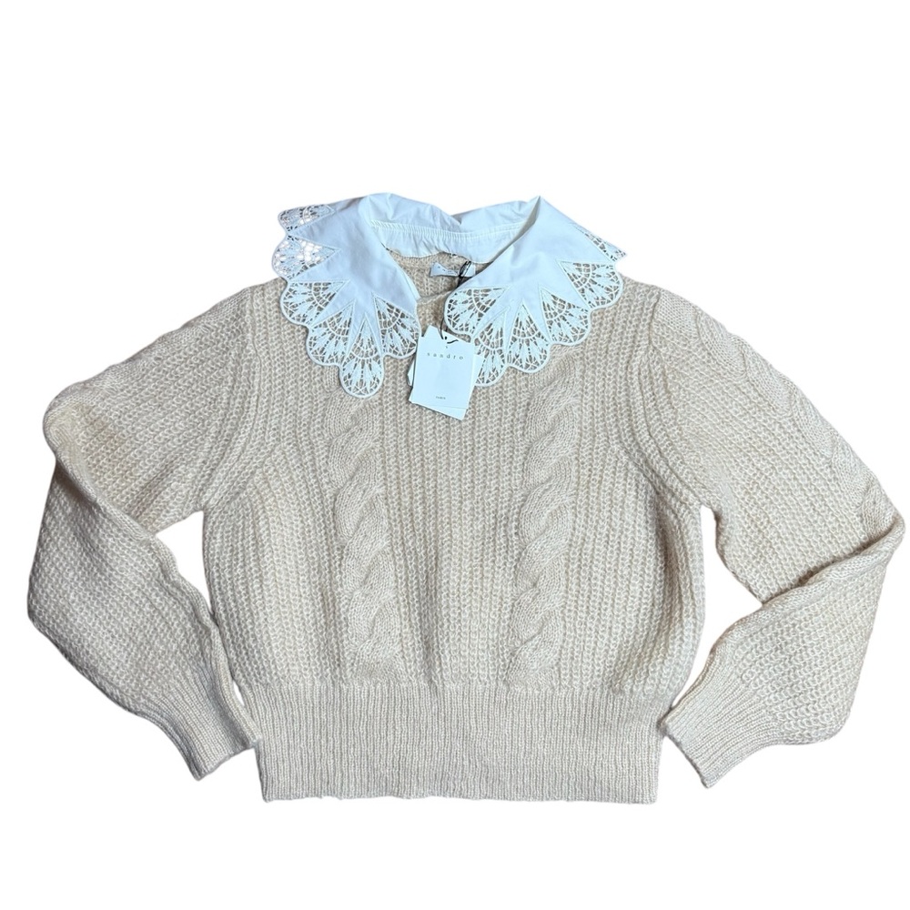NWT Sandro| Women’s Cropped Sweater with embroidered collar mohair wool sz 2 usa - Picture 3 of 14